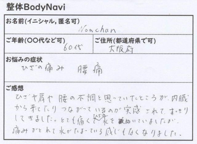 痛みが取れて水がたまっている感じもなくなりました。